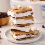 Stack of frozen s'mores on a white plate.