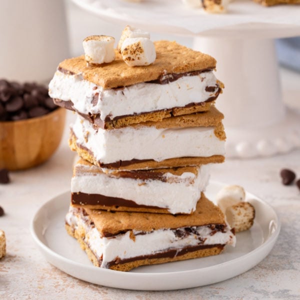 Stack of frozen s'mores on a white plate.