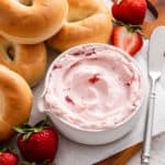 Strawberry cream cheese in a white bowl.