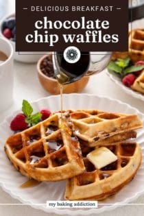 Plated chocolate chip waffles topped with butter and syrup. Text overlay includes recipe name.