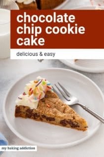Two white plates, each holding a slice of chocolate chip cookie cake. Text overlay includes recipe name.