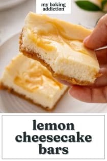 Hand holding up a lemon cheesecake bar with a bite taken from the corner. Text overlay includes recipe name.