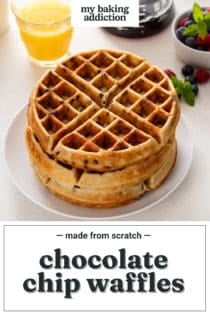 Stack of chocolate chip waffles on a white plate. Text overlay includes recipe name.