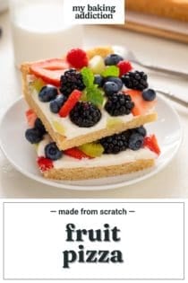 Two slices of fruit pizza stacked on a white plate. Text overlay includes recipe name.