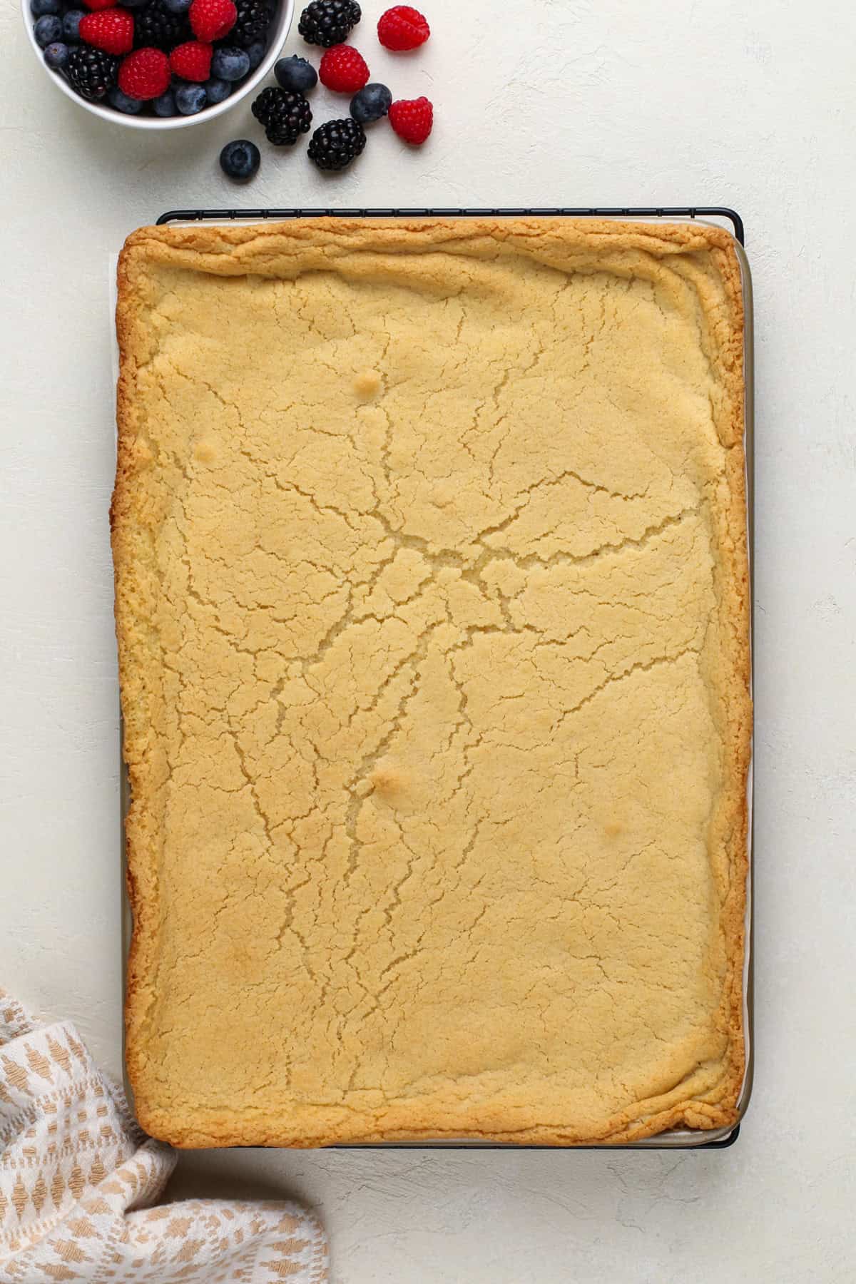 Baked and cooled sugar cookie crust for fruit pizza.