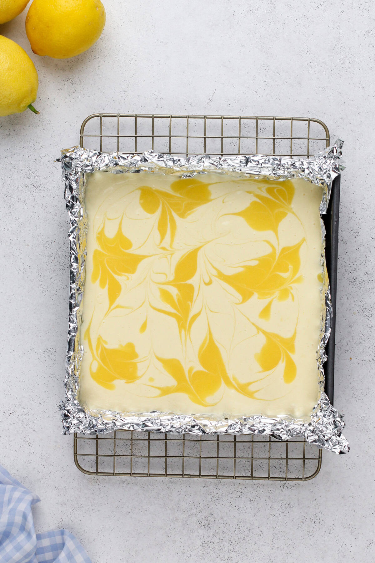Assembled lemon cheesecake bars ready to go in the oven.