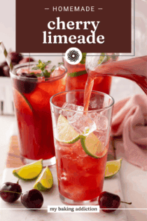 Cherry limeade being poured into a glass over ice. Text overlay includes recipe name.