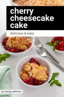 Two white bowls filled with cherry cheesecake cake. Text overlay includes recipe name.