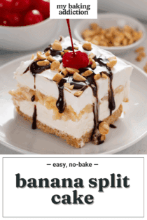 Plated slice of banana split cake. Text overlay includes recipe name.