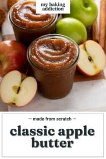 Two jars of apple butter on a countertop surrounded by apples. Text overlay includes recipe name.