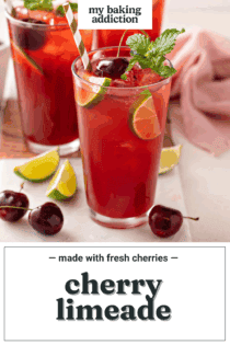 Glass filled with cherry limeade and garnished with lime, fresh cherries, and mint. Text overlay includes recipe name.