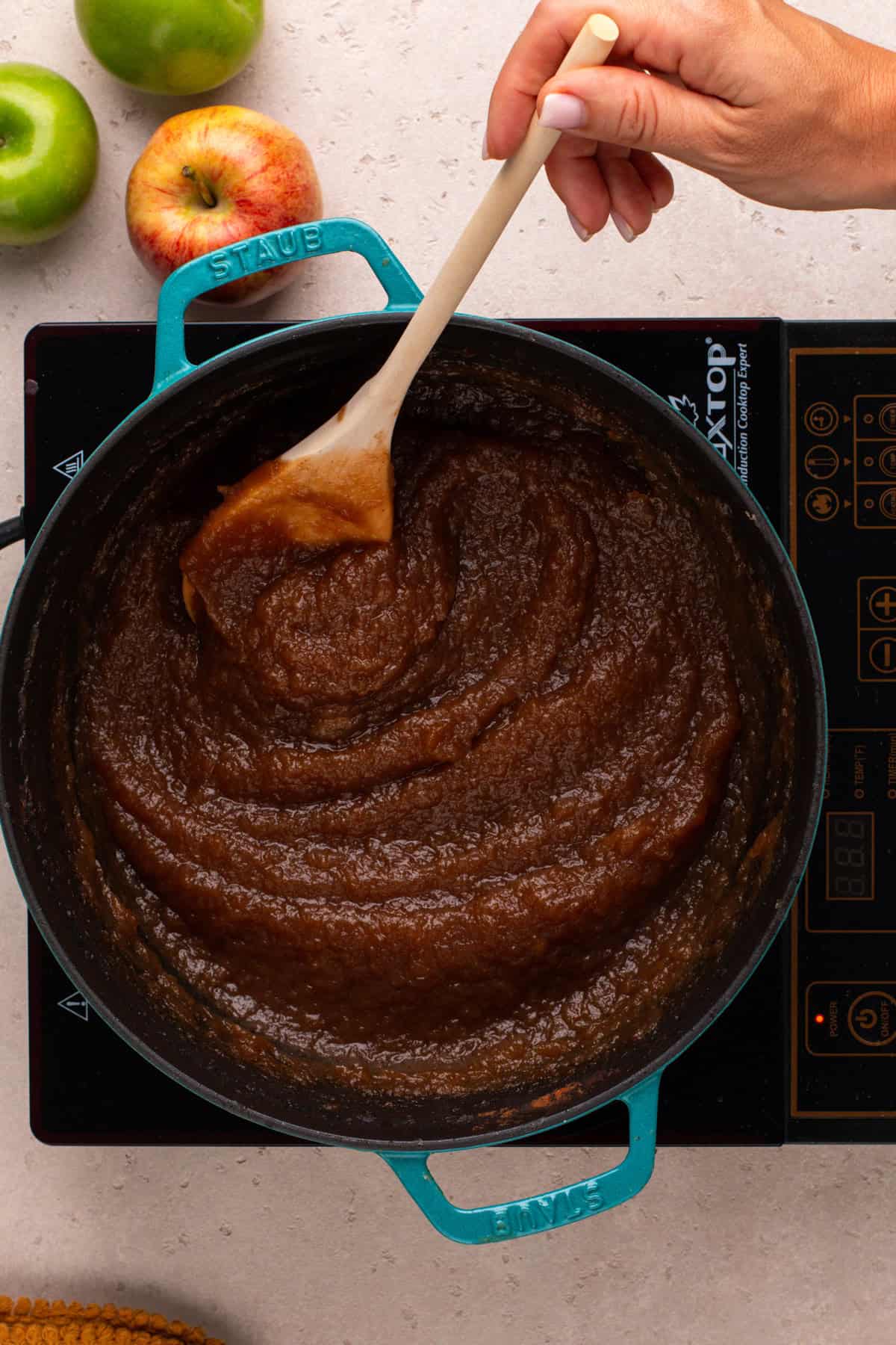 Cooked down apple butter in a dutch oven.