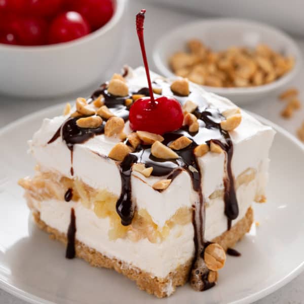 Plated slice of banana split cake.