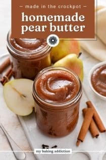 Two jars filled with pear butter surrounded by spices and fresh pears. Text overlay includes recipe name.