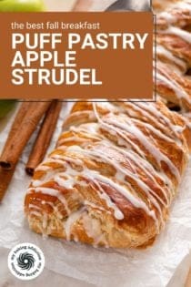 Vanilla glaze being drizzled over apple strudel. Text overlay includes recipe name.