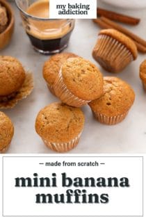 Several mini banana muffins arranged on a countertop. Text overlay includes recipe name.