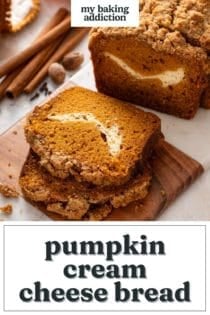 Sliced loaf of pumpkin cream cheese bread on a marble and wood board. Text overlay includes recipe name.
