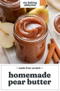 Close up of pear butter in a glass jar. Text overlay includes recipe name.