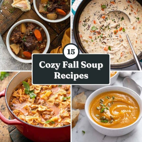 Square collage image featuring four fall soup recipes with the words "15 cozy fall soup recipes" over the top.