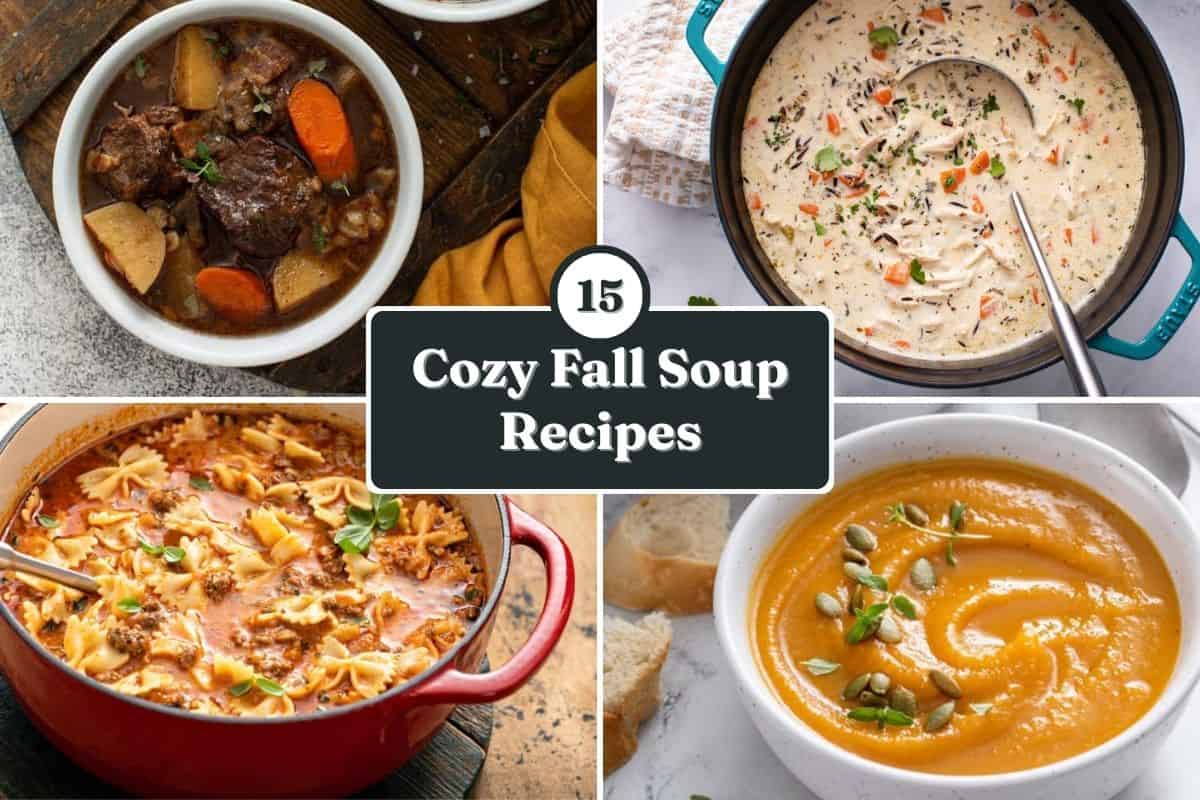Collage featuring four fall soup recipes with the words "15 cozy fall soup recipes" over the top.