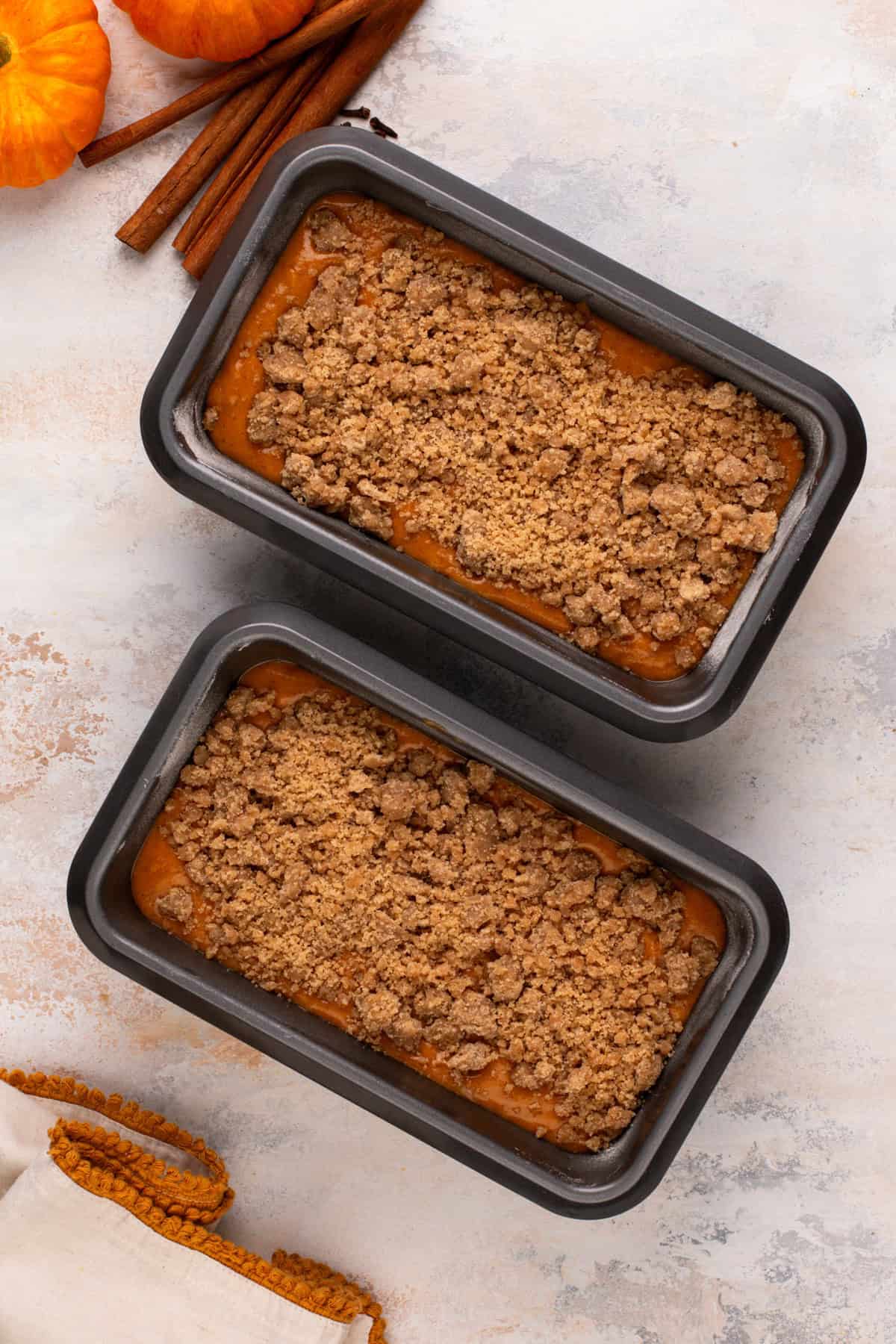 Assembled pumpkin cream cheese bread ready to go in the oven.