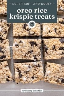 Overhead view of sliced oreo rice krispie treats. Text overlay includes recipe name.