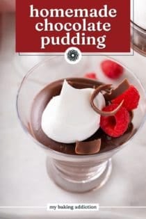 Chocolate pudding in a glass serving dish, topped with whipped cream and fresh raspberries. Text overlay includes recipe name.