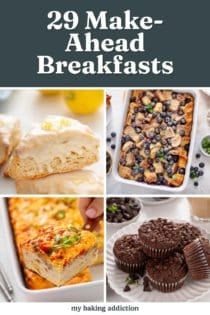 Collage of 4 photos of make-ahead breakfast recipes. Text overlay includes post name.