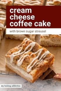 Slice of cream cheese coffee cake resting on a cake server. Text overlay includes recipe name.