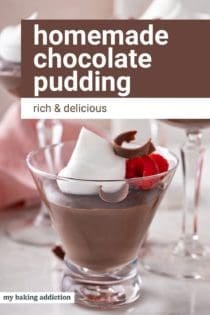 Side view of a serving of chocolate pudding in a glass. Text overlay includes recipe name.