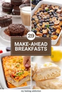 Collage of 4 photos of make-ahead breakfast recipes. Text overlay includes post name.