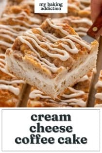 Cake server holding up a slice of cream cheese coffee cake. Text overlay includes recipe name.