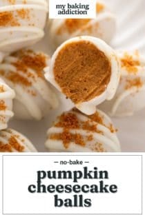 Halved pumpkin cheesecake ball set on a platter with more of the cheesecake balls. Text overlay includes recipe name.