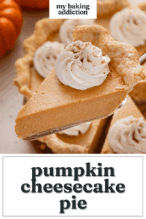 Pie server lifting up a slice of pumpkin cheesecake pie. Text overlay includes recipe name.