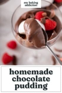 Spoon holding up a bite of homemade chocolate pudding. Text overlay includes recipe name.