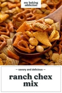 Spoonful of ranch chex mix in a wooden spoon. Text overlay includes recipe name.