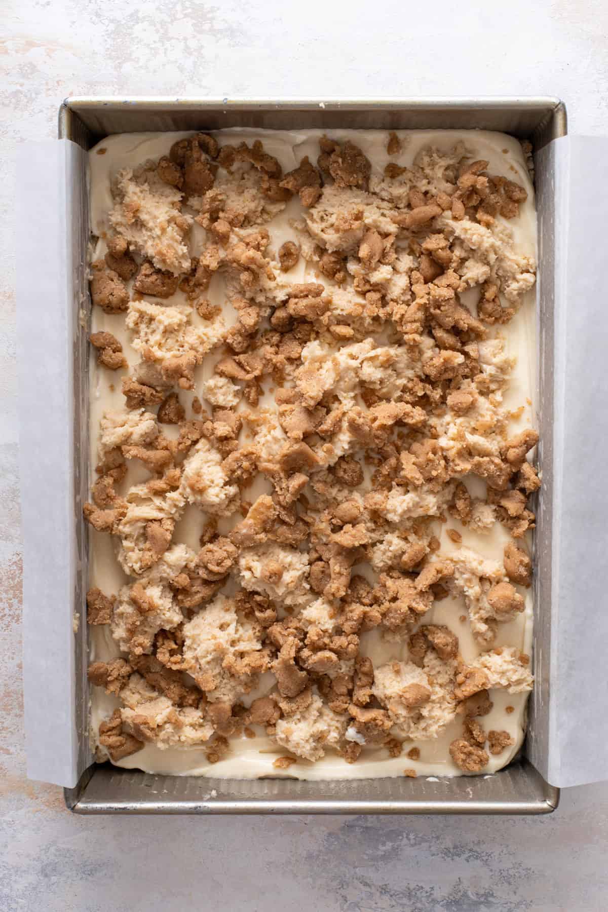 Assembled cream cheese coffee cake ready to go in the oven.