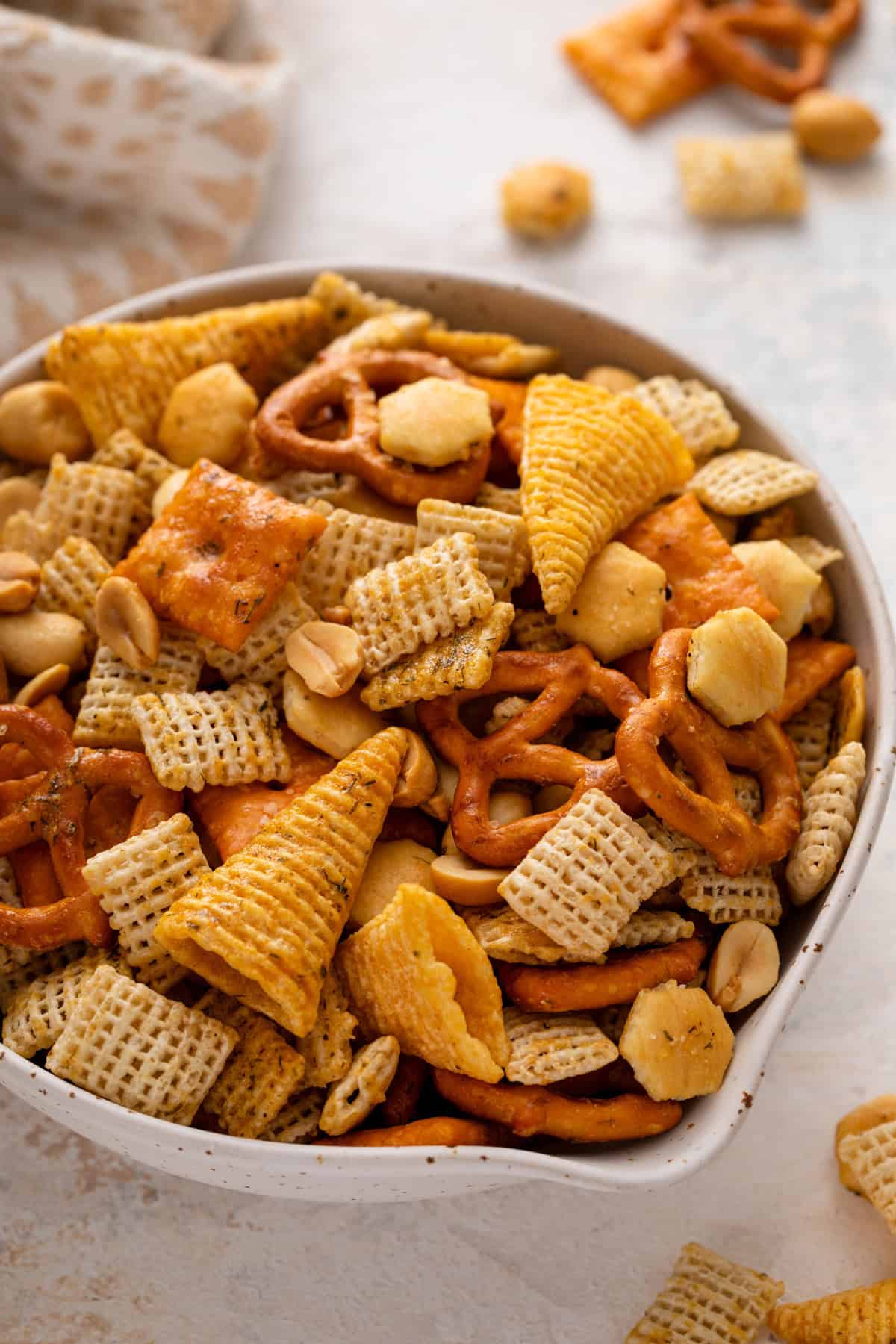 Close up of ranch chex mix in a bowl.