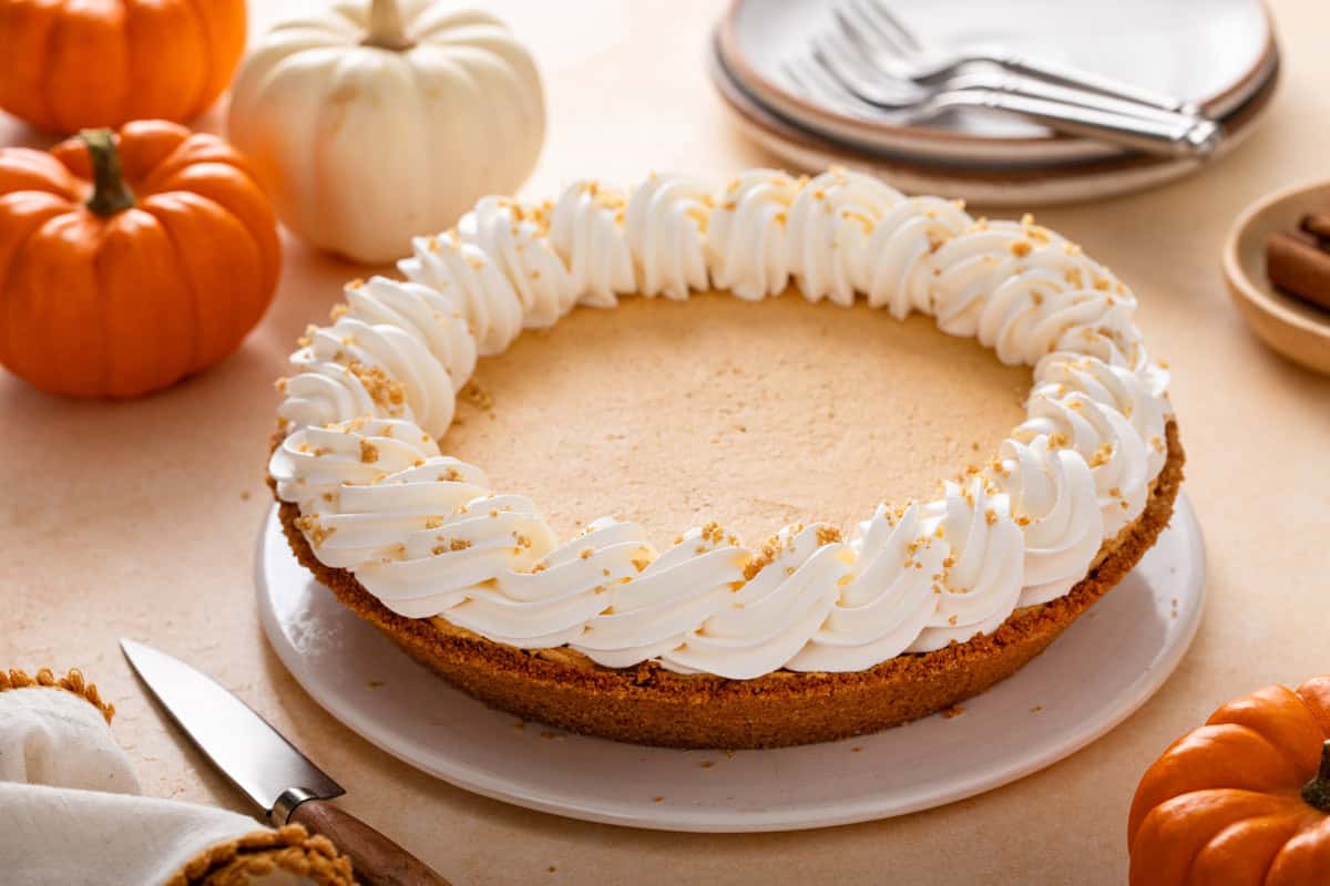 No-bake pumpkin cheesecake pie garnished with whipped topping.