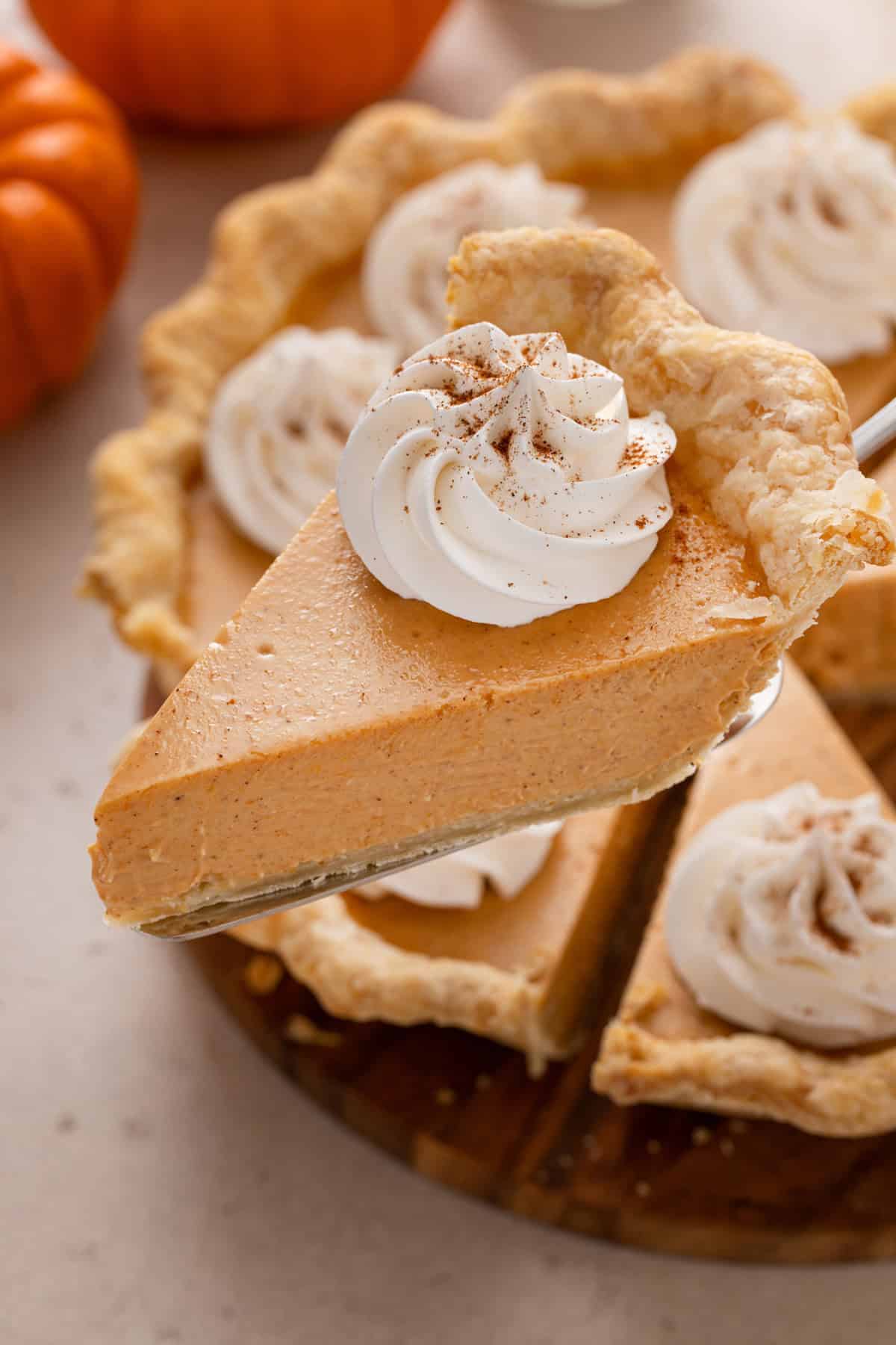 Pie server lifting up a slice of pumpkin cheesecake pie.