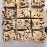Overhead view of sliced oreo rice krispie treats.