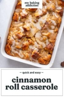 Finished cinnamon roll casserole in a white baking dish. Text overlay includes recipe name.