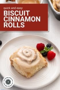 Plated biscuit cinnamon roll with a cup of coffee in the background. Text overlay includes recipe name.