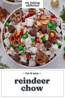 Overhead view of reindeer chow in a white bowl. Text overlay includes recipe name.