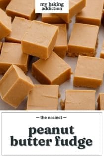 Squares of peanut butter fudge arranged on a piece of parchment paper. Text overlay includes recipe name.