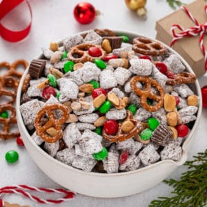 Reindeer chow in a white bowl.