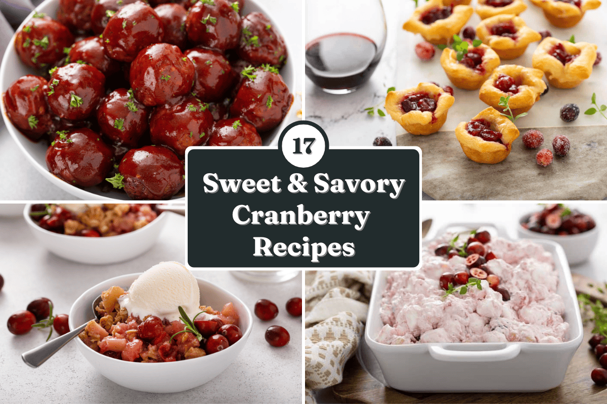 Collage of 4 cranberry recipe photos.