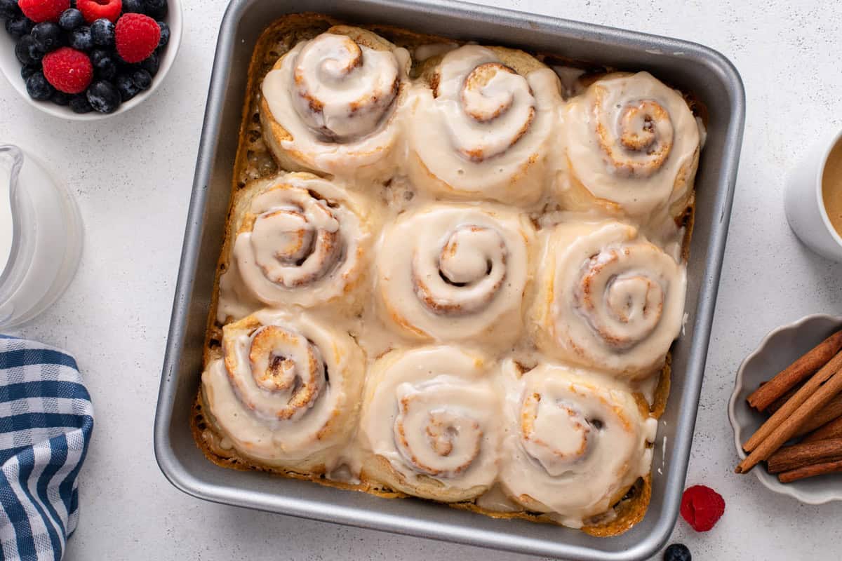 Biscuit cinnamon rolls in a pan, ready to be served.