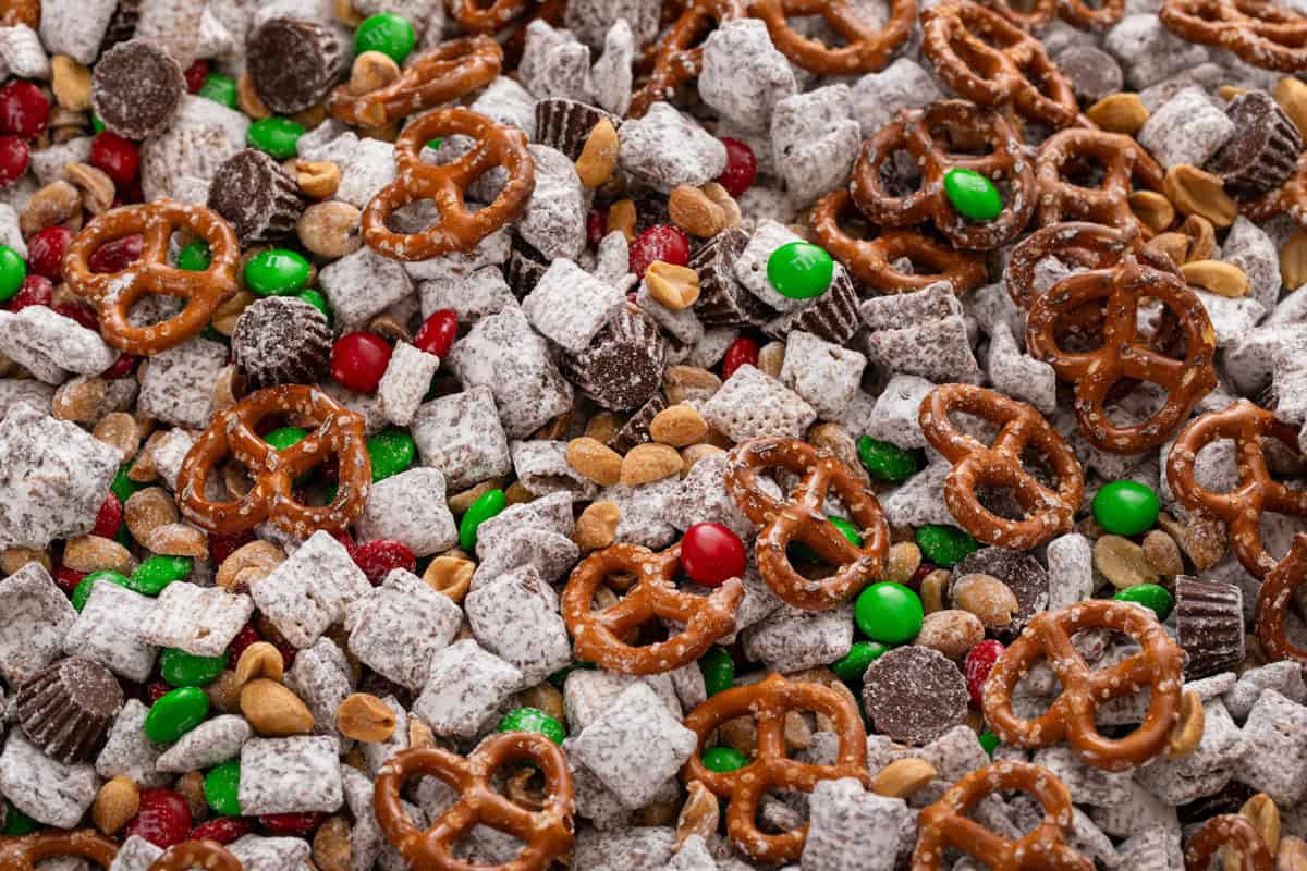 Close up of reindeer chow spread into a layer.