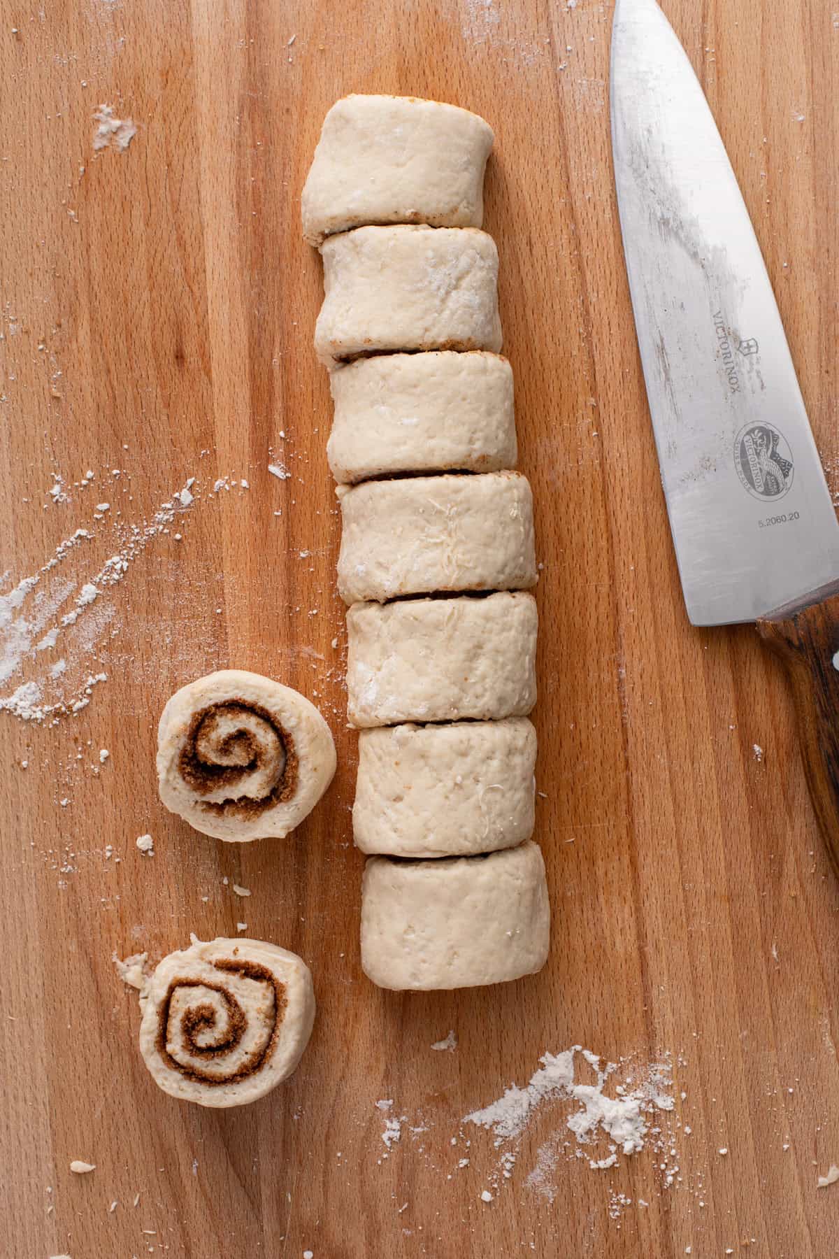 Rolled up biscuit cinnamon rolls, cut into pieces.